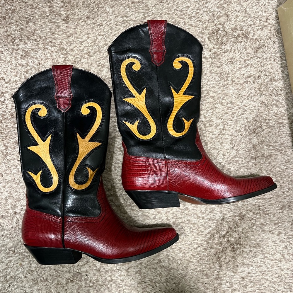 Women’s Nine West Red and Black Western Cowboy Boots with Yellow Accents